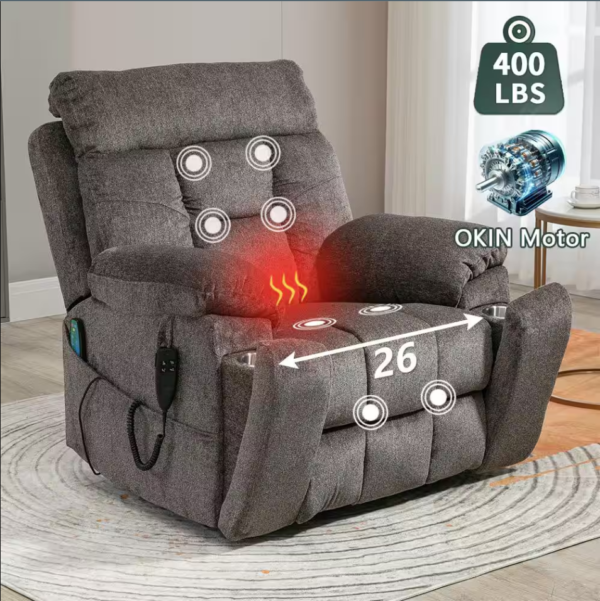 Light Brown Enhanced Flagship Oversized Dual OKIN Motor Chenille Recliner LiftSofa with Massage Heating and Assisted Standing - Image 3