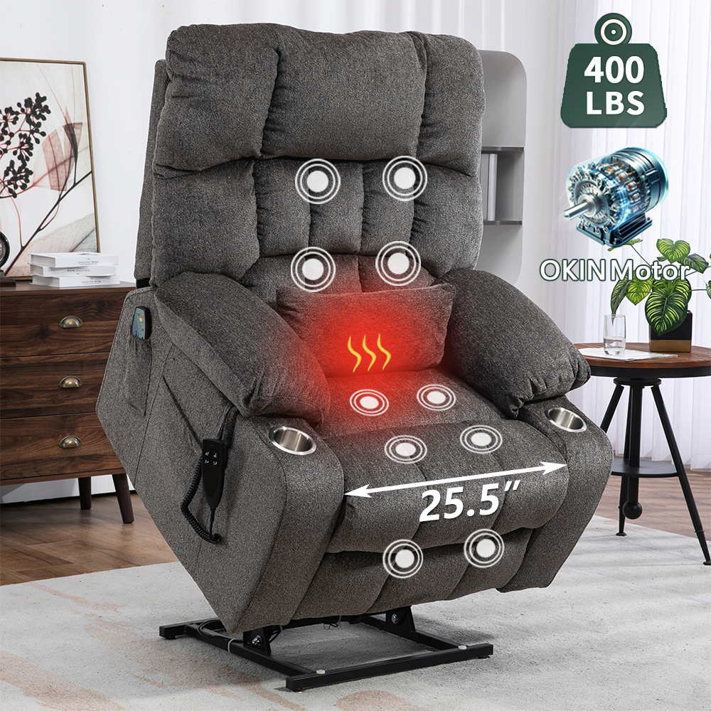 Grey Chenille Recliner Platinum Big and Tall Dual Motor Power Lift Chair with Massage Heating and 2 Cup Holder aisword