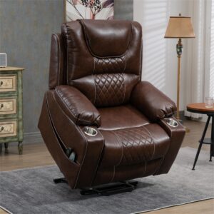 Enhanced Exclusive Oversized Faux Leather Power Lift Recliner Chair with Massage, Heating and 2 Cup Holder - Espresso