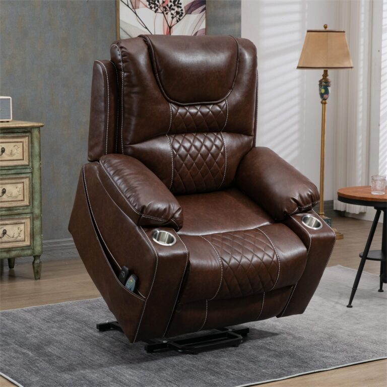 Enhanced Exclusive Oversized Faux Leather Power Lift Recliner Chair with Massage, Heating and 2 Cup Holder - Espresso