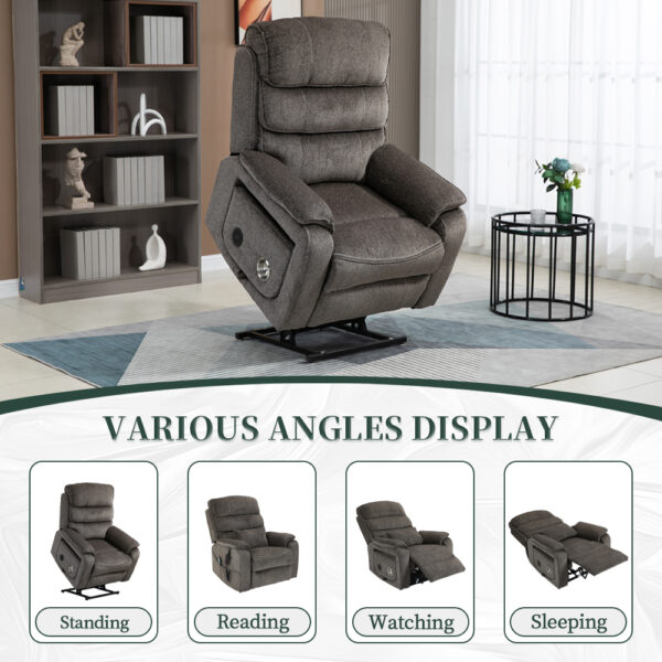 Dual OKIN Motor Chenille Recliner Chair with Massage, Heating, Wireless Charging and Cup Holder - Grey - Image 3