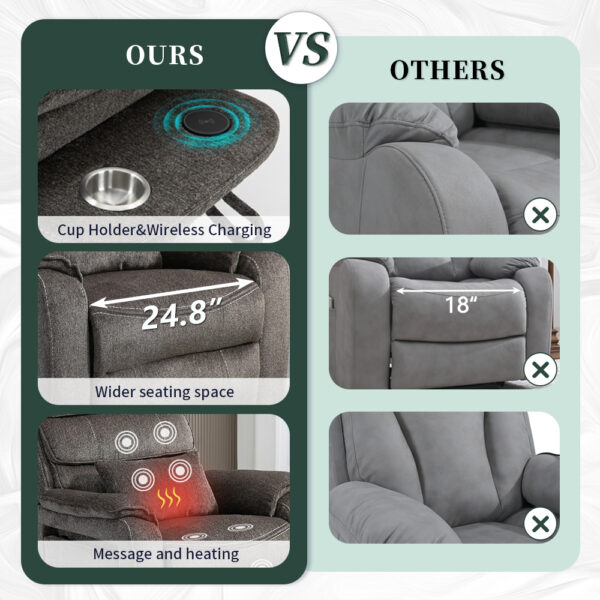 Dual OKIN Motor Chenille Recliner Chair with Massage, Heating, Wireless Charging and Cup Holder - Grey - Image 8