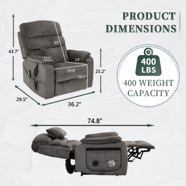 Dual OKIN Motor Chenille Recliner Chair with Massage, Heating, Wireless Charging and Cup Holder - Grey - Image 7