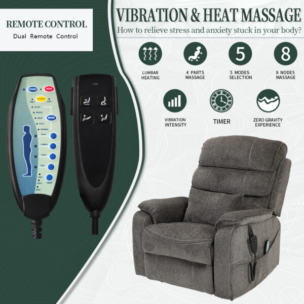 Dual OKIN Motor Chenille Recliner Chair with Massage, Heating, Wireless Charging and Cup Holder - Grey - Image 5
