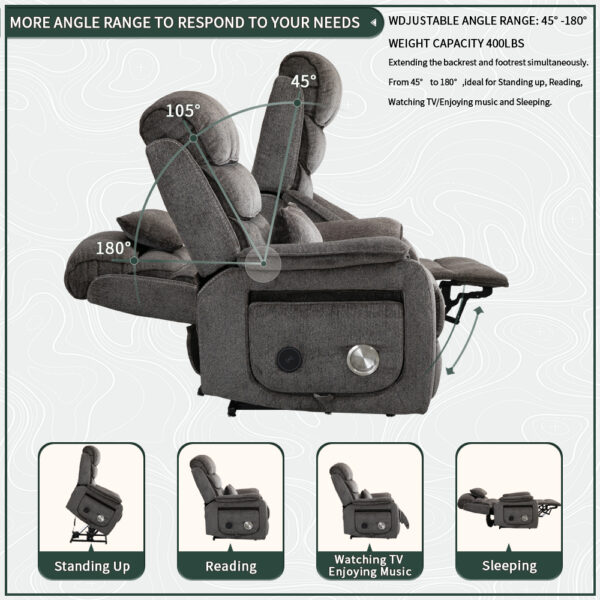 Dual OKIN Motor Chenille Recliner Chair with Massage, Heating, Wireless Charging and Cup Holder - Grey - Image 2