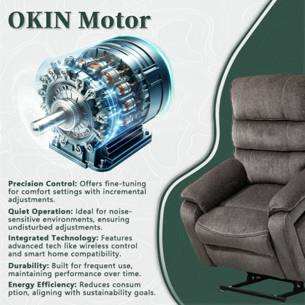 Dual OKIN Motor Chenille Recliner Chair with Massage, Heating, Wireless Charging and Cup Holder - Grey - Image 4