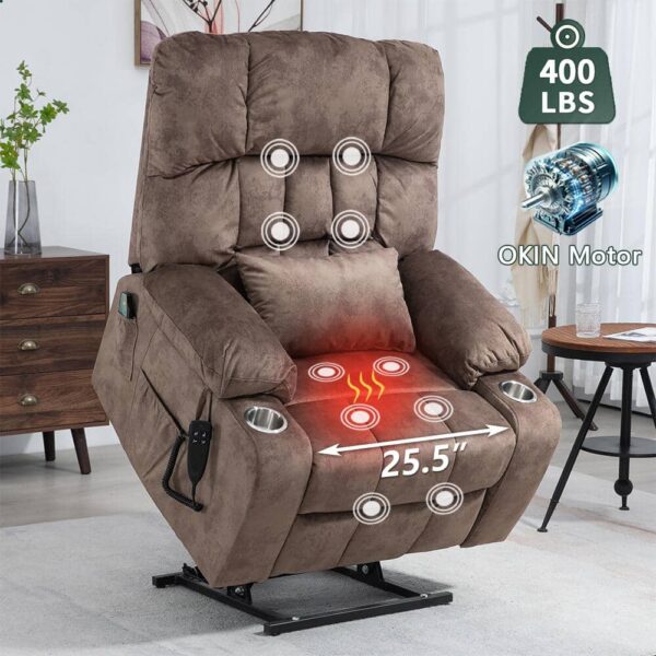 Grey Chenille Recliner Platinum Big and Tall Dual Motor Power Lift Chair with Massage, Heating and 2-Cup Holder - Image 3