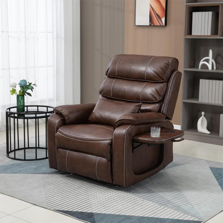 Dual OKIN Motor Technical Leather Recliner with Massage, Heating, Wireless Charging and Cup Holder - Brown