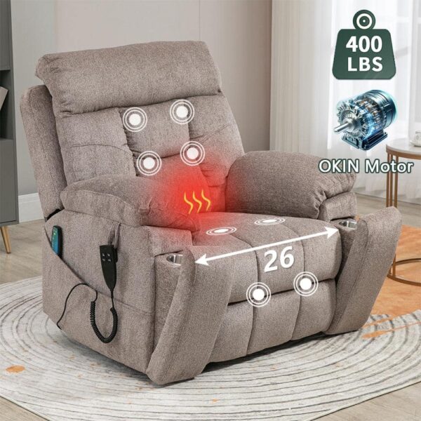 Light Brown Enhanced Flagship Oversized Dual OKIN Motor Chenille Recliner LiftSofa with Massage Heating and Assisted Standing